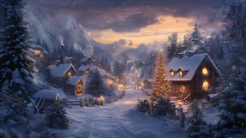 Snow-covered mountain village glows with warm holiday lights
