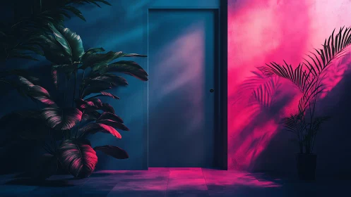 Neon-lit botanical doorway with dramatic chiaroscuro lighting.