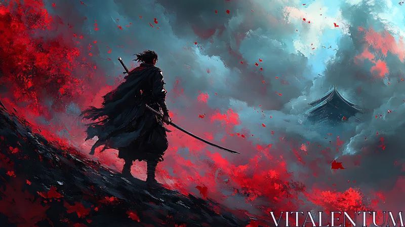 Lone samurai facing distant temple through red storm clouds.