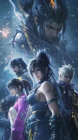 Fantasy warrior ensemble in blue-lit mystical environment.