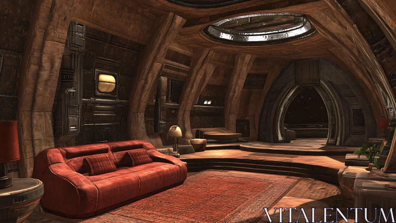 Cozy sci fi lounge wrapped in warm wood and starlight.