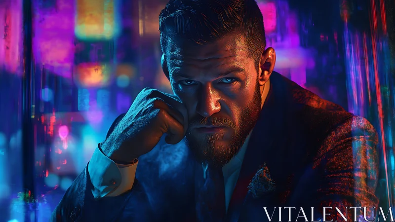 Brooding neon mastermind under electric midnight skylines.