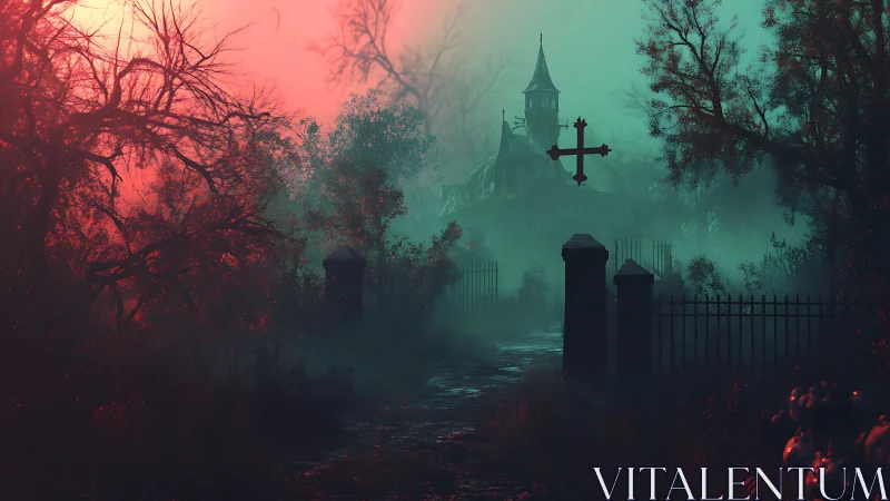 Chromatic fog veiling decayed chapel and corroded ironwork.