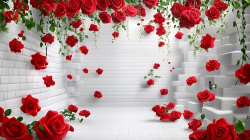 Red Roses Suspended in Modern 3D Geometric Space.