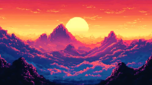 Pixelated mountain range under large sun at horizon.
