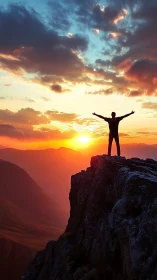 Silhouette on mountain summit embracing radiant sunset sky.