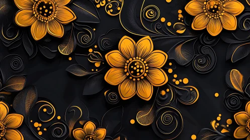 Golden Flowers on Black: Luxe Digital Botanical Art with Ornamental Details