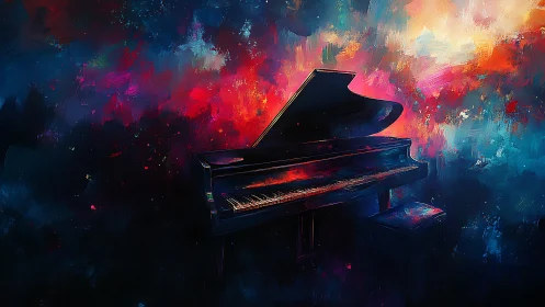 Grand piano in luminous abstract nebula of saturated color.