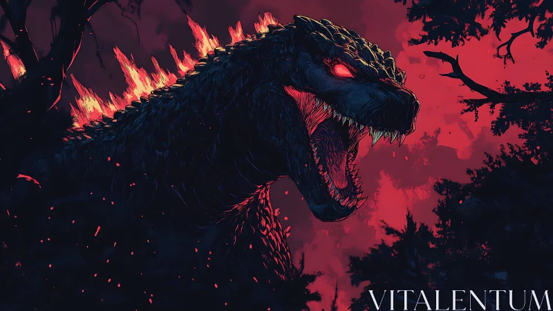Colossal reptilian kaiju roaring in infernal crimson forest