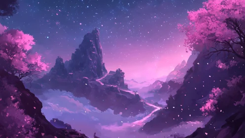 Twilight valley renders luminous peaks under magenta nebula sky