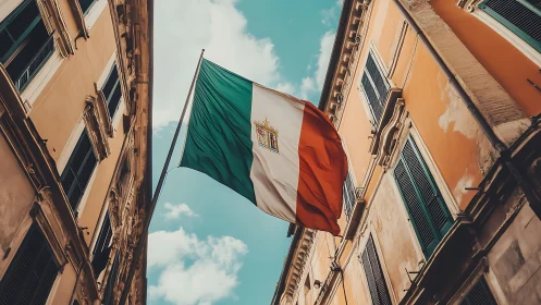 Italian tricolor flag between historic ocher buildings.