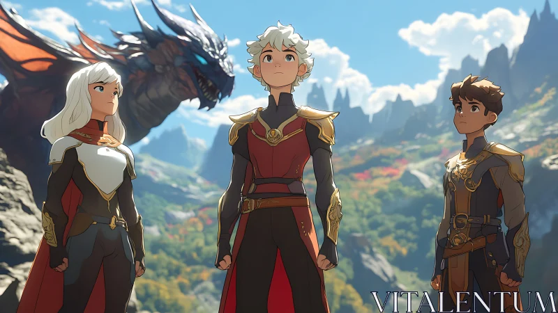 Three armored youths and dragon in bright mountain valley.