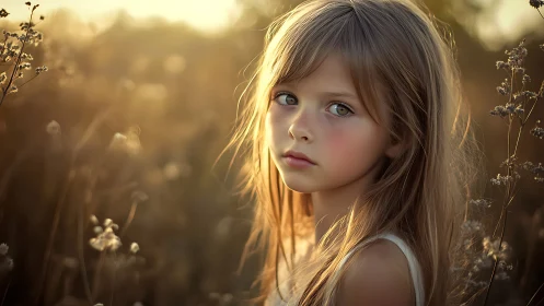 Young child portrait in field with golden hour lighting and dried flora
