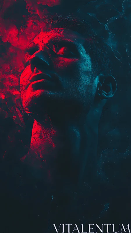 Male portrait glows under split red and teal neon lighting