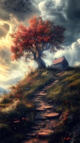 Sunlit hilltop tree welcomes a winding path to quiet shelter