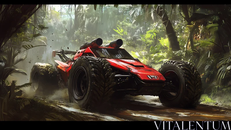 Aerodynamic jungle raid buggy with oversized off-road tires.