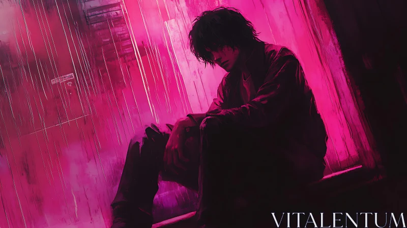 Solitary figure rests in neon pink rain, lost in reflection