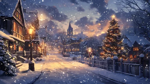 Snowy Christmas village street under glowing dusk sky.