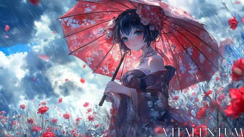 Rain-soaked floral kimono girl with red parasol in poppy field.