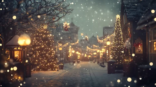 Snowy Christmas street scene glows with warm festive bokeh