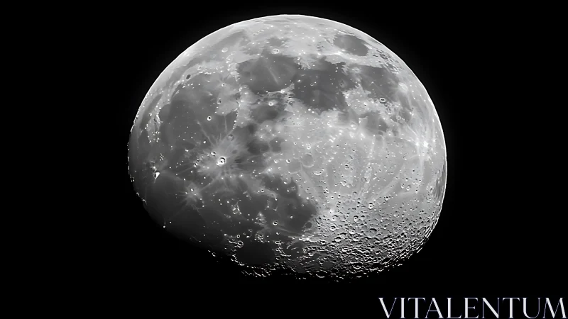 Detailed monochrome closeup of the Moon against black space.