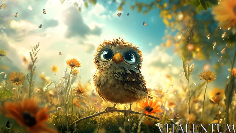 Whimsical baby owl with big eyes in a dreamy sunflower field.