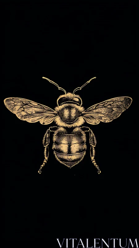 Gold line illustration of a bee on solid black background.