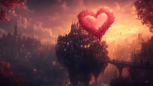 Romantic Fantasy Castle Under Glowing Heart Particles
