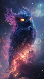 Cosmic owl rises through nebula flames and starlit void.