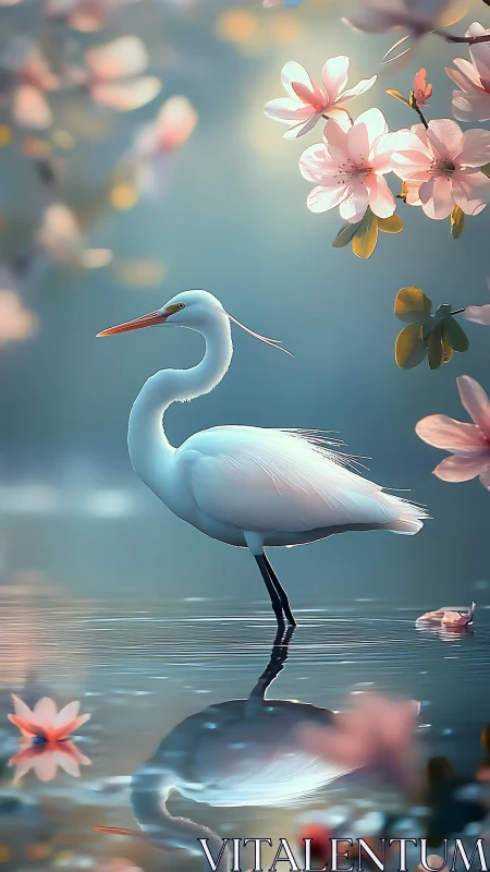 White egret stands amid pastel blossoms over still water.