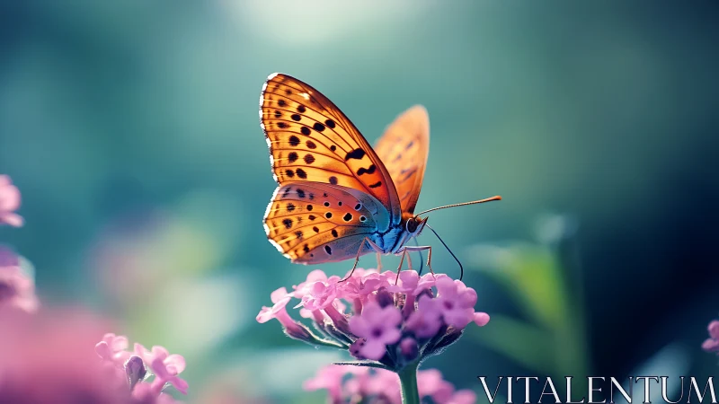 Orange butterfly on pink flower in soft focus setting.