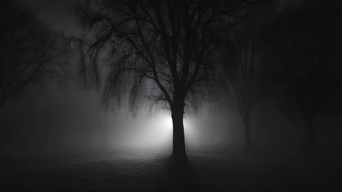 Foggy night woodland with stark backlit central tree.