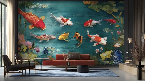 Colorful koi mural bringing serene pond magic indoors.