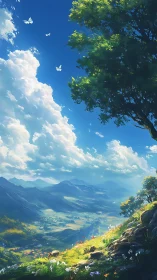 Sunlit valley and butterflies under sweeping summer sky.