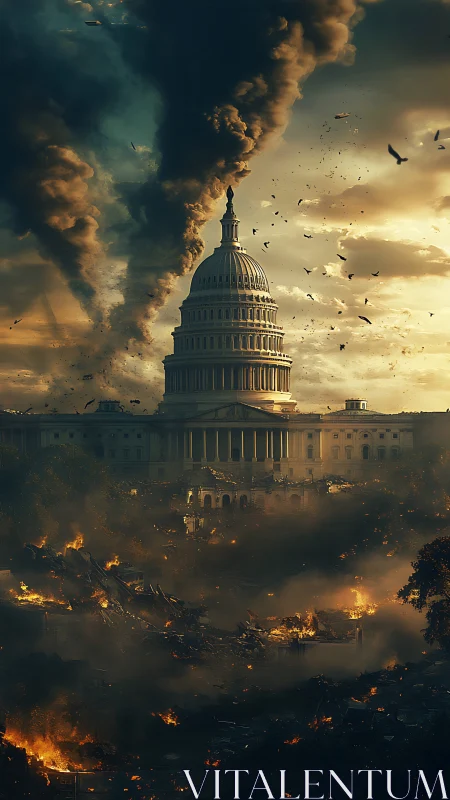Capitol dome amid apocalyptic fires and rolling smoke clouds.