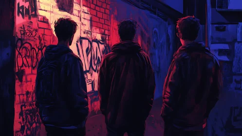 Urban alley trio under neon light facing graffiti wall.