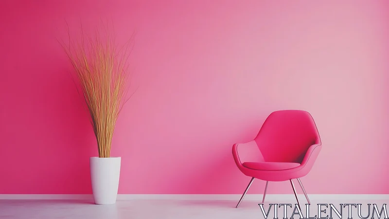 Minimalist pink lounge with sculptural chair and vase.