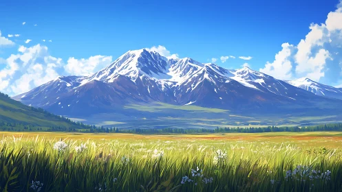 Snowcapped mountain range behind open summer grassland plain.