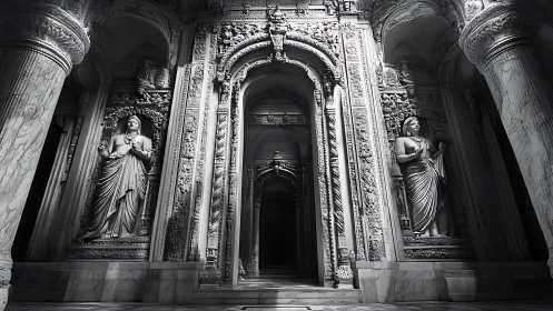 Marble temple corridor with intricate sculpted guardians.