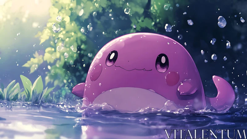 Pink water creature splashes under soft forest sunlight.