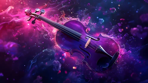 Nebula-born violet violin drifting through cosmic color storms.