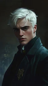 Brooding young man with platinum hair in dark coat.