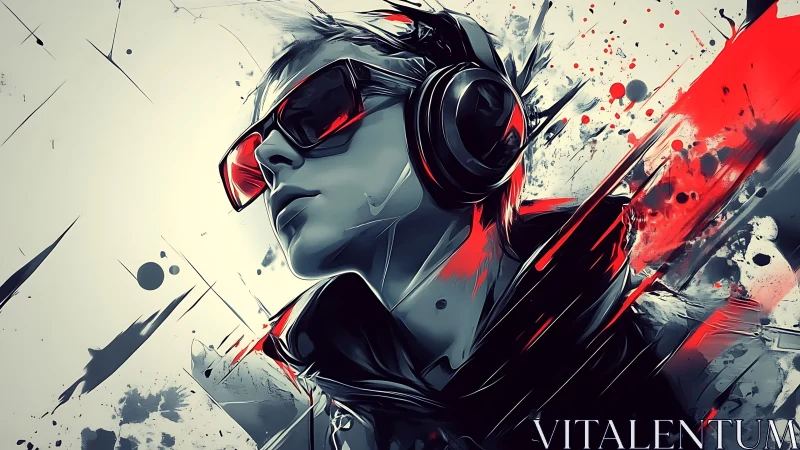 Digital DJ portrait with red splatter energy bursts.
