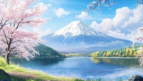 Snow-capped mountain overlooks lake framed by cherry trees