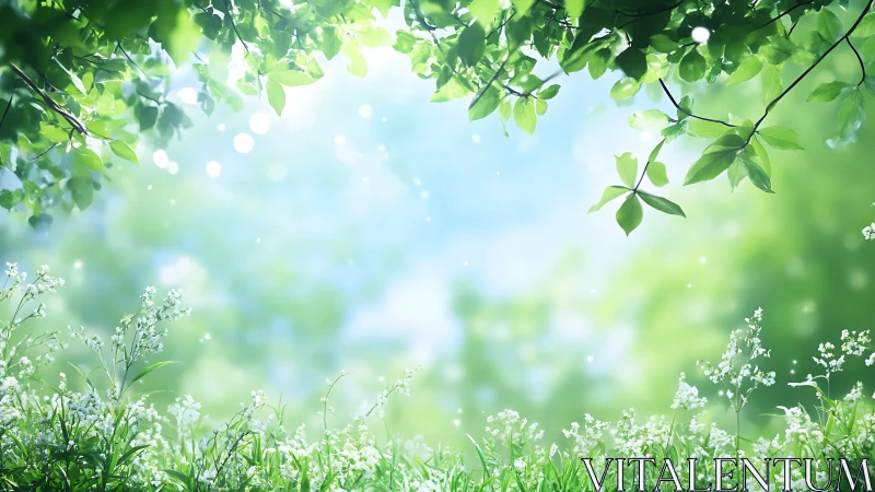 Sunlit leaf canopy over whispering wildflower meadow.