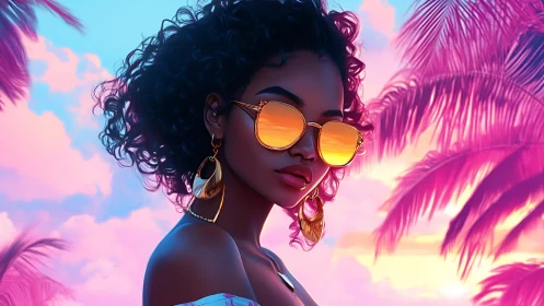 Neon sunset portrait with reflective sunglasses and tropical bokeh