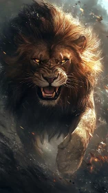 Roaring lion charging forward in a storm of fierce energy.
