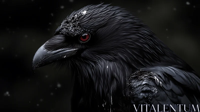 Raven portrait in icy storm with hyperdetailed wet plumage.