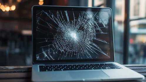 Shattered laptop screen blooms like a frozen digital shockwave.