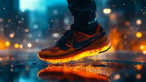 Illuminated running shoe impacts wet asphalt with glowing sole